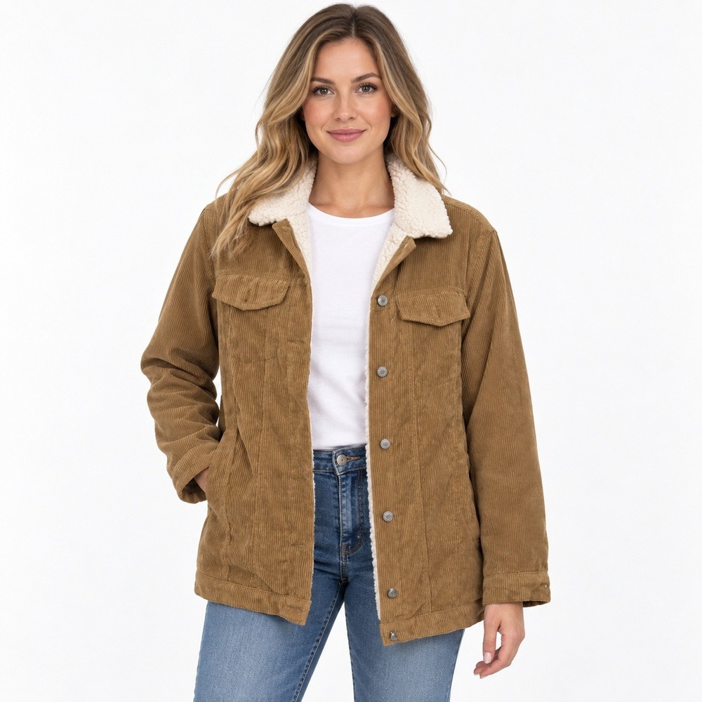 Love Tree Corduroy Sherpa Lined Jacket Women S Tan Button Front Pockets